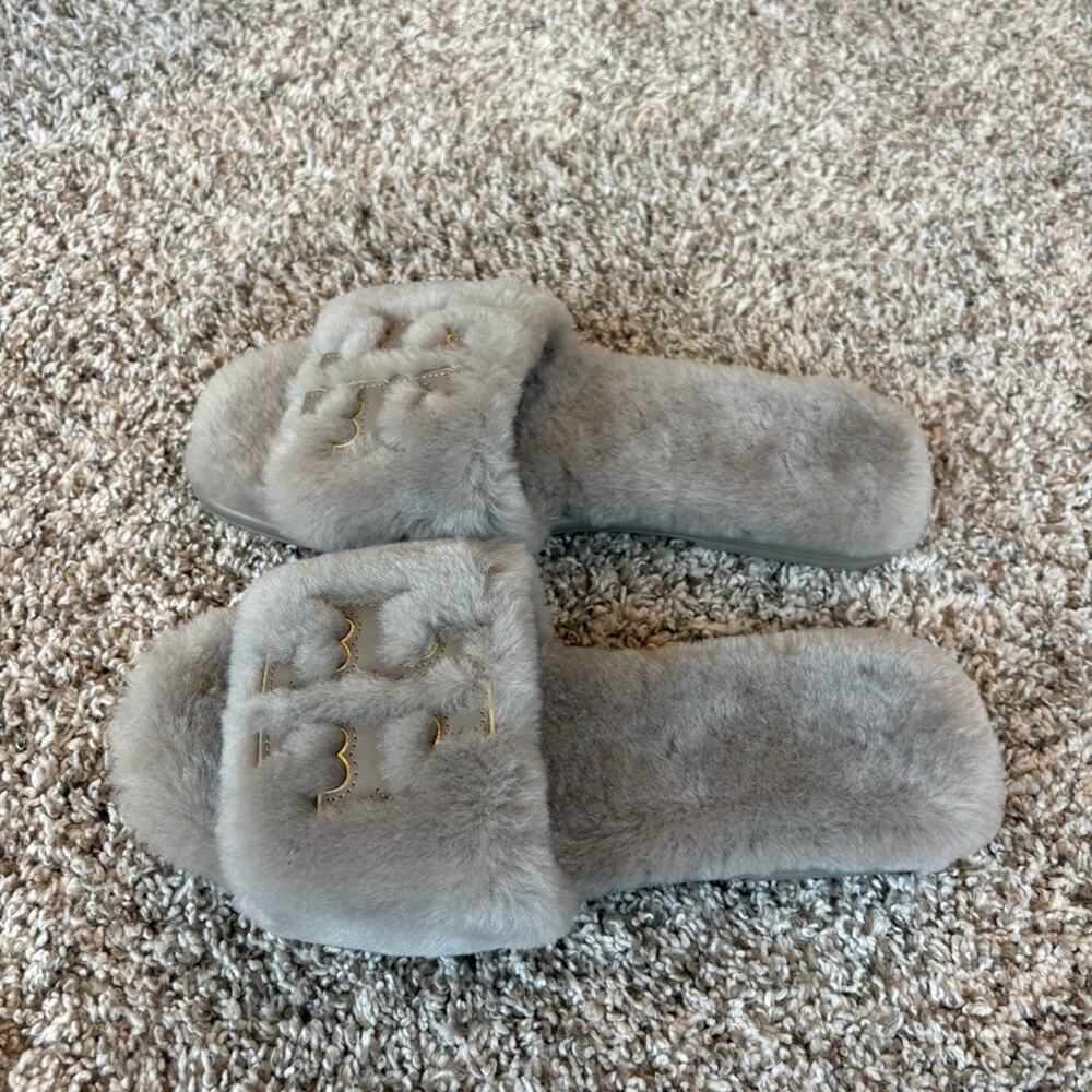 Tory Burch Women's Double T Shearling Slide Sandal Gray Heron Size 8.5 - Picture 3 of 7